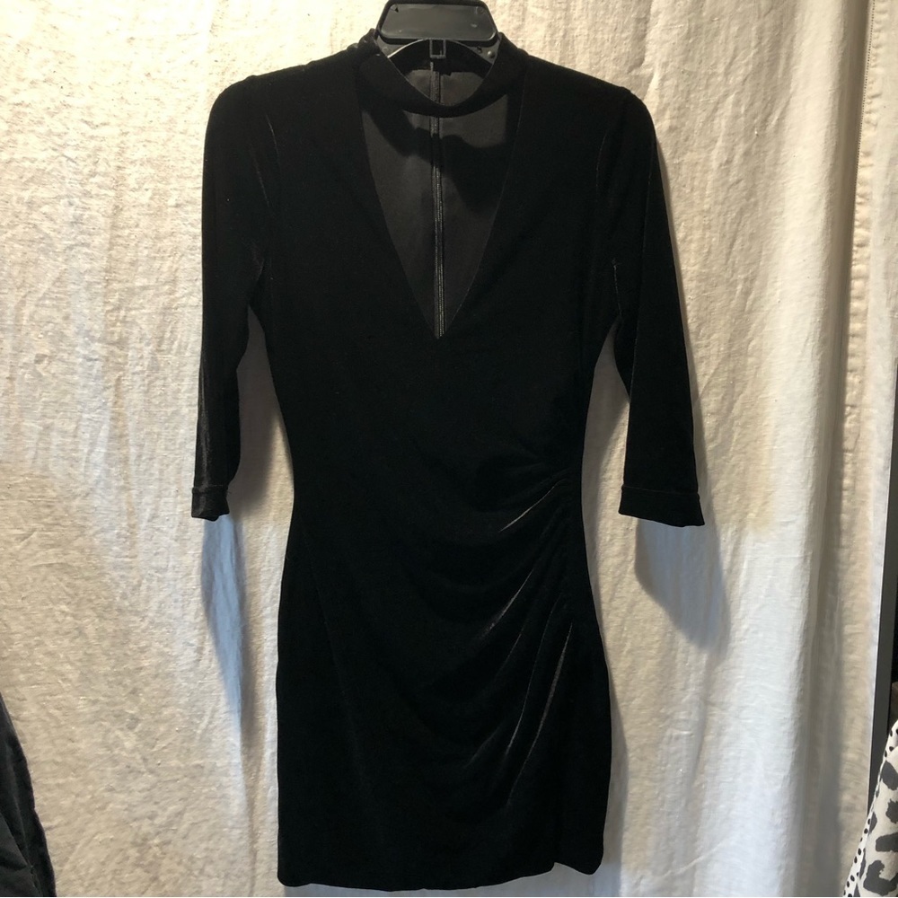 BCBG Max Azria black velvet deep v neck neck collar detail bodycon dress S